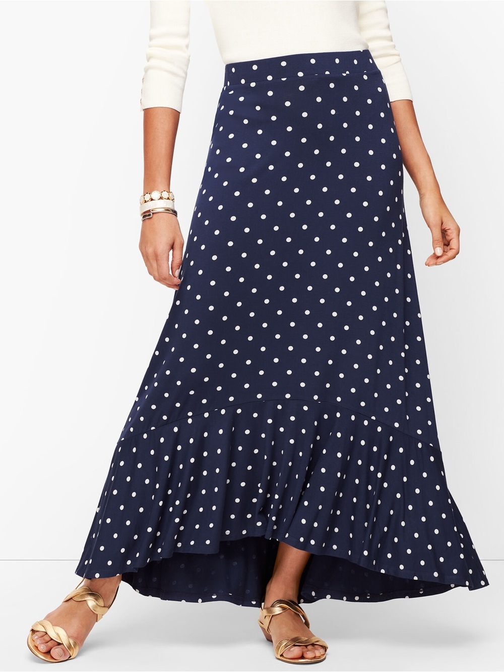 Talbots Navy and White Polka Dot High-Low Maxi Skirt